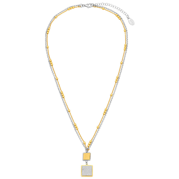 Rhodium and Yellow Gold Plated Sterling Silver Applique Sparkling Square Necklace