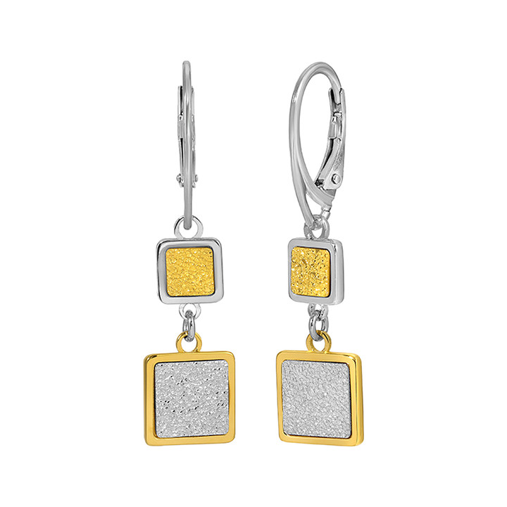 Rhodium and Yellow Gold Plated Sterling Silver Applique Sparkling Double Square Earrings