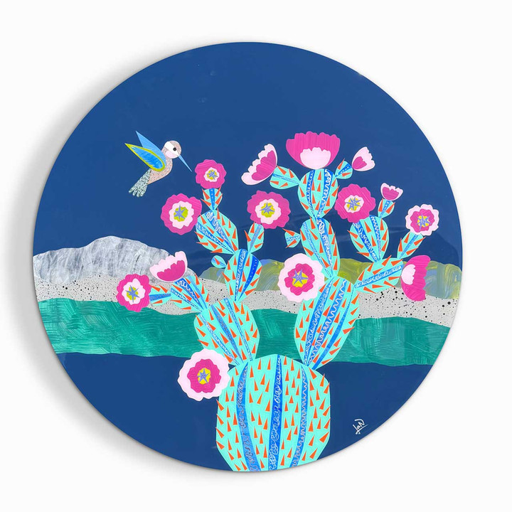 Blooming prickly pear and hummingbird round collage by Lana Nguyen
