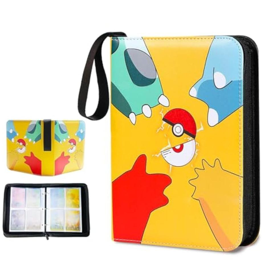 Yellow zippered trading card binder with 400 card capacity and 4-pocket pages