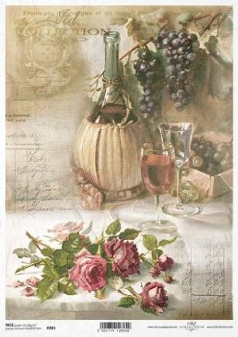ITD Collection Wine Script with Roses A4 Decoupage Rice Paper