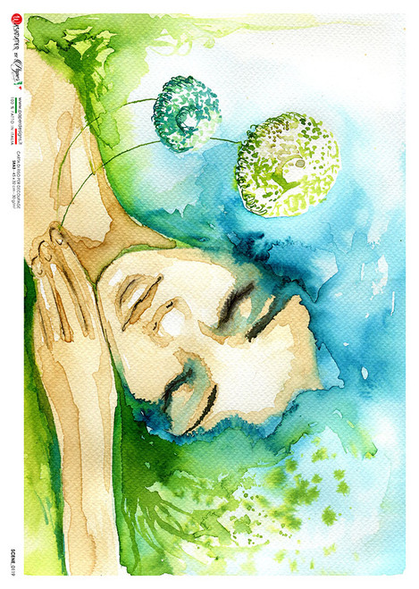 Paper Designs Blue and Green Watercolor Resting Portrait Scene 0119 A4 Decoupage Rice Paper