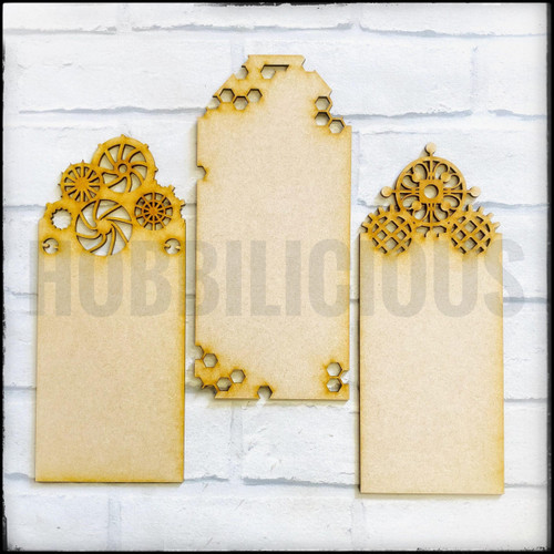 Hobbilicious 3 Large Industrial Works Steampunk Tags Blank Chipboard MDF Laser Cut Pieces for Mixed Media, Art Journals, Home Decor