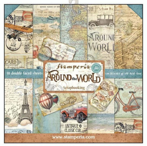 Stamperia Around the World Travel 12" x 12" Double Sided Scrapbook Paper 10 Pgs for Art Journals, Cards, Scrapbooks, Mixed Media
