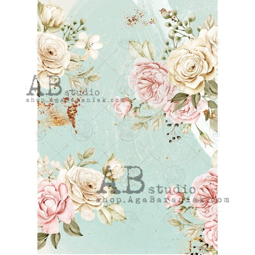 AB Studios Rice Paper A4 Aqua and Pink Roses #525