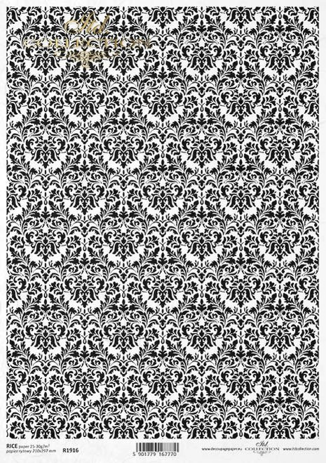ITD Collection R1916 Black and White Damask Pattern A4 Decoupage Rice Paper