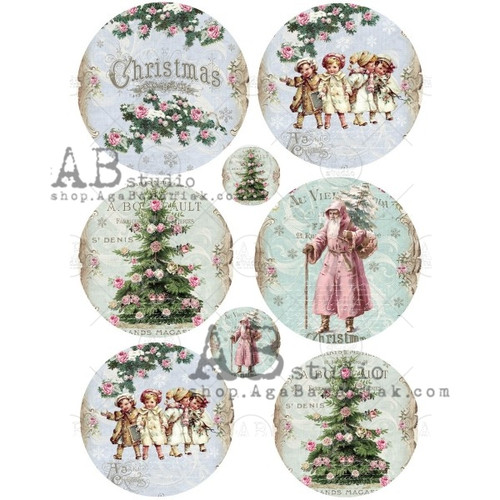 AB Studios Shabby Christmas Santa and Tree Rounds Rice Paper A4 0378