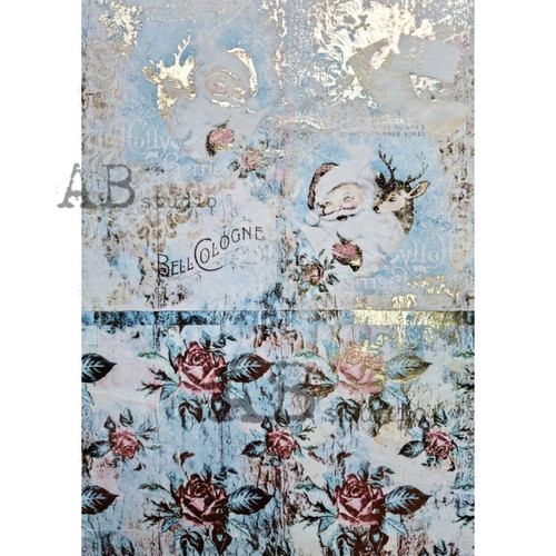 AB Studios Gilded Jolly Santa and Roses Rice Paper A4 0024