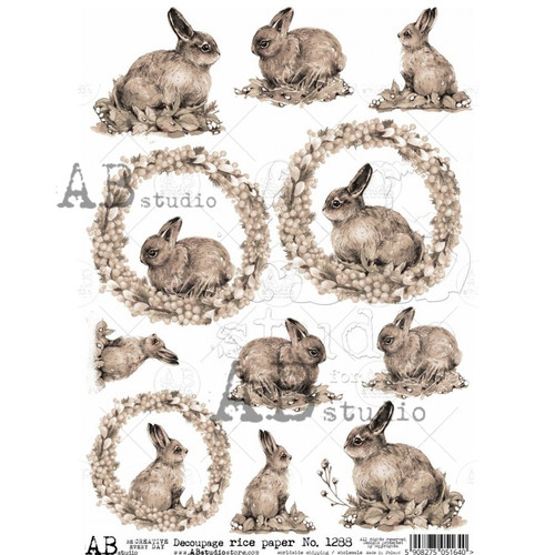 AB Studios Sepia Bunny Rabbits A4 Rice Paper