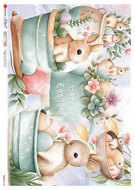 Paper Designs Rice Paper Easter Bunnies in Planters Holiday 0126 A3 Rice Paper