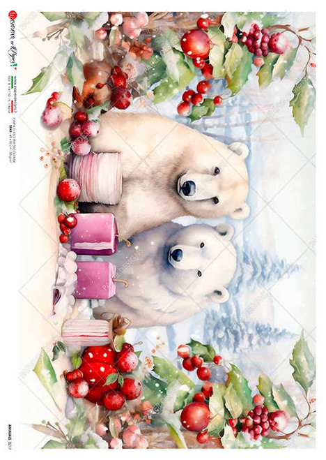 Paper Designs Two Festive Polar Bears A3 Rice Paper