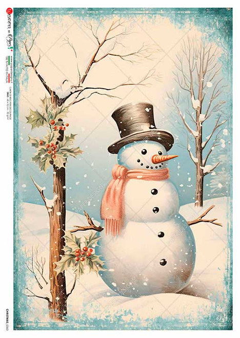Paper Designs Snowman in Falling Snow A3 Rice Paper