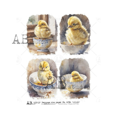 AB Studios Four Pack Easter Chicks in Teacups A4 Rice Paper