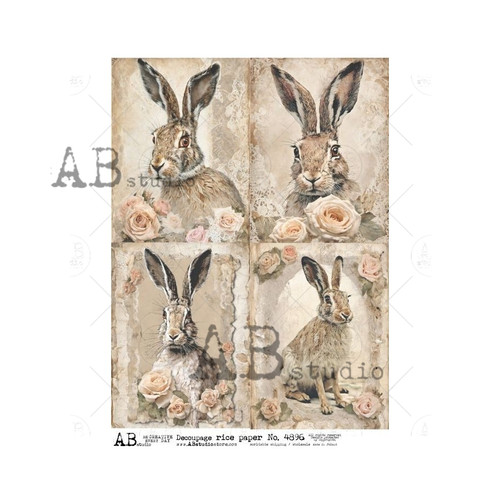 AB Studios Four Stately Shabby Chic Rabbits A4 Rice Paper