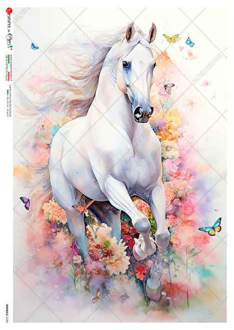 Paper Designs White Horse and Bouquet of Color A3 Rice Paper
