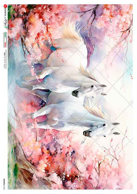 Paper Designs Two White Horses with Pink Flowers A4 Rice Paper