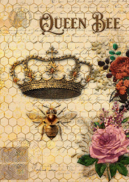 Decoupage Queen Queen Bee and Roses with Honeycomb A3 Rice Paper