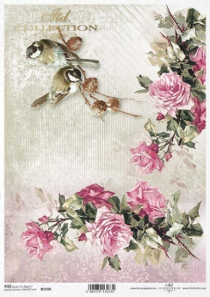 ITD Collection Two Birds with Pink Roses A4 Decoupage Rice Paper