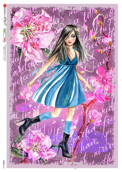 Paper Designs Girl with Blue Dress Scene 0112 A3 Decoupage Rice Paper