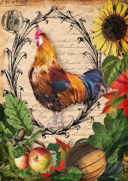 Decoupage Queen Autumn Rooster with Harvest Vegetables A2 Rice Paper for Furniture