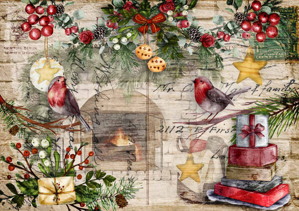 Decoupage Queen Festive Robins A2 Rice Paper for Furniture