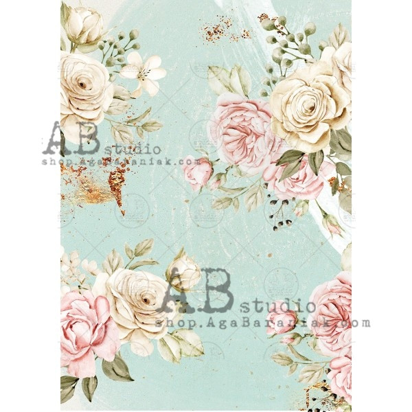 AB Studios 525 Aqua & Pink Roses A4 Decoupage Rice Paper