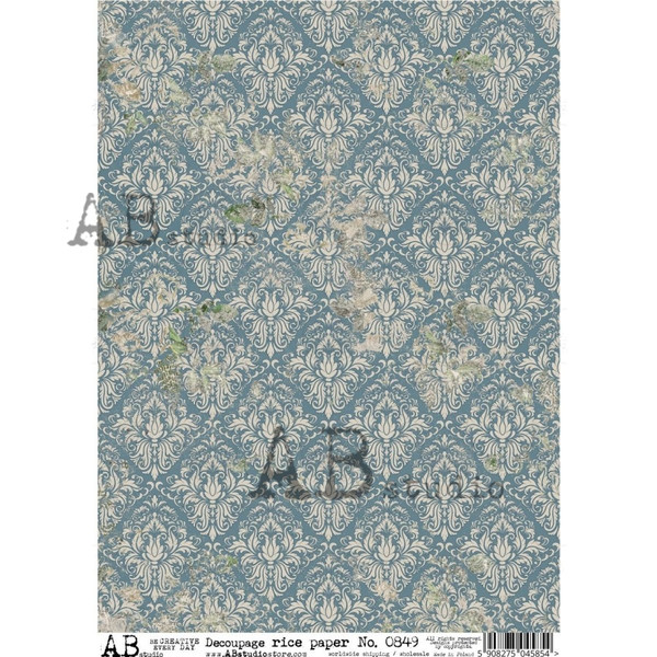 AB Studios 0849 Duck Egg Blue Damask A4 Rice Paper