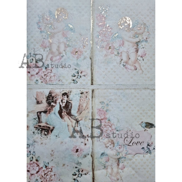 AB Studios 0027 Gilded Soft Blue & Pink Angels A4 Decoupage Rice Paper