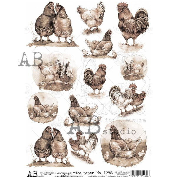 AB Studios Sepia Hens and Roosters A4 Rice Paper