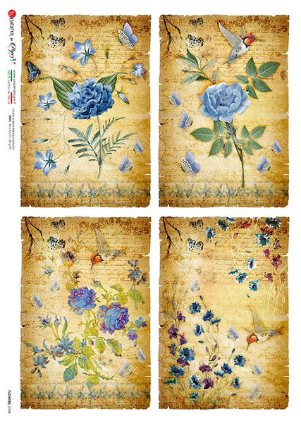 Paper Designs Four Blue Flowers Scenes A4 Rice Paper