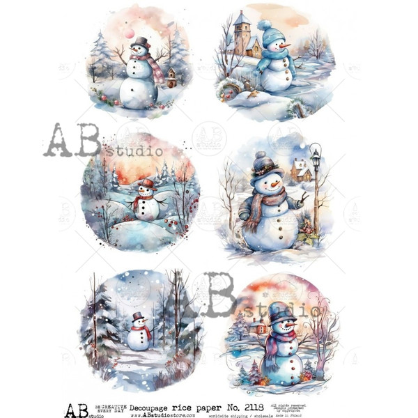 AB Studios Colorful Watercolor Snowman Rounds A4 Rice Paper