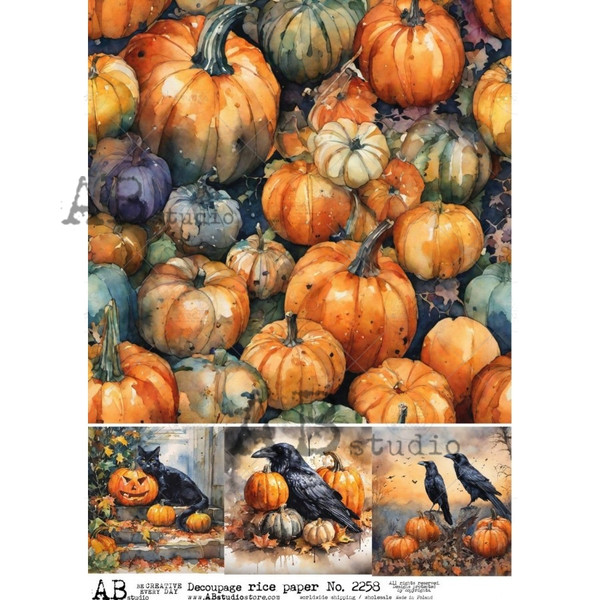 AB Studios Cat Bird and Pumpkins Four Scenes A4 Rice Paper