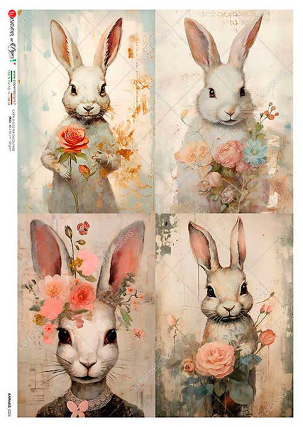 Paper Designs Four Floral Bunnies A4 Rice Paper