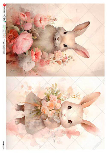 Paper Designs Two Floral Bunnies A2 Rice Paper
