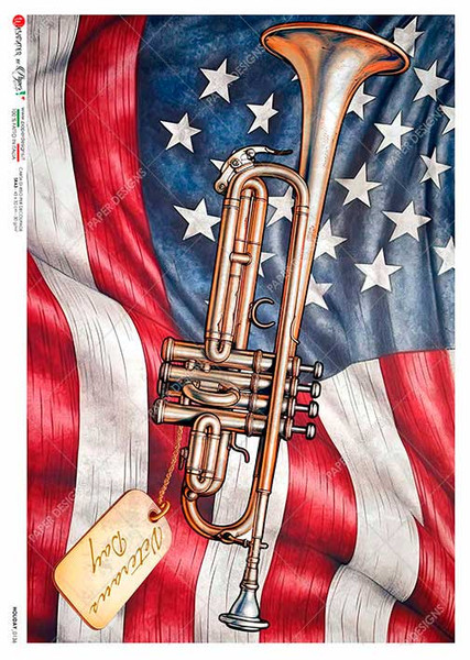 Paper Designs Veterans Day Bugle and Flag A4 Rice Paper