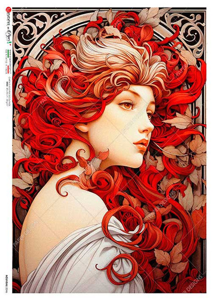Paper Designs Art Nouveau Red Swirl Hair Portrait A3 Rice Paper