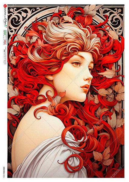 Paper Designs Art Nouveau Red Swirl Hair Portrait A1 Rice Paper