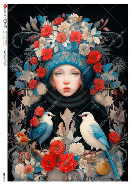 Paper Designs Blue and Red Headdress Festive Winter Lady A2 Rice Paper