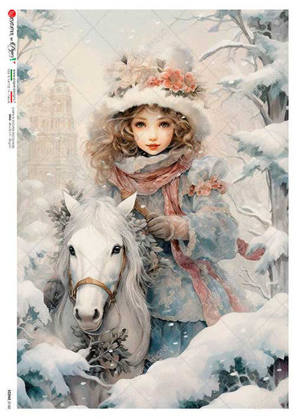 Paper Designs Girl and her Horse in Winter Snow A3 Rice Paper
