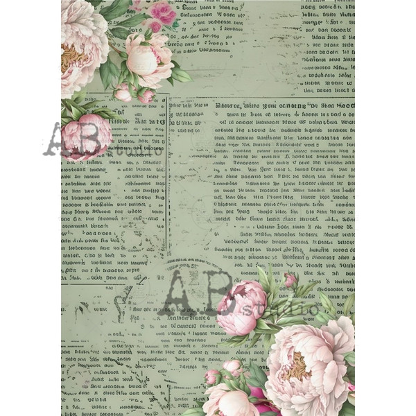 AB Studios Green Book Page with Pink Peonies A4 Rice Paper