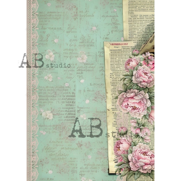AB Studios Pistachio Green Letters and Roses A4 Rice Paper