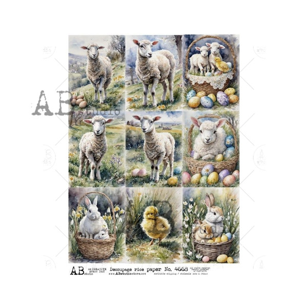AB Studios Nine Pack of Easter Lambs, Bunnies Chicks A4 Rice Paper