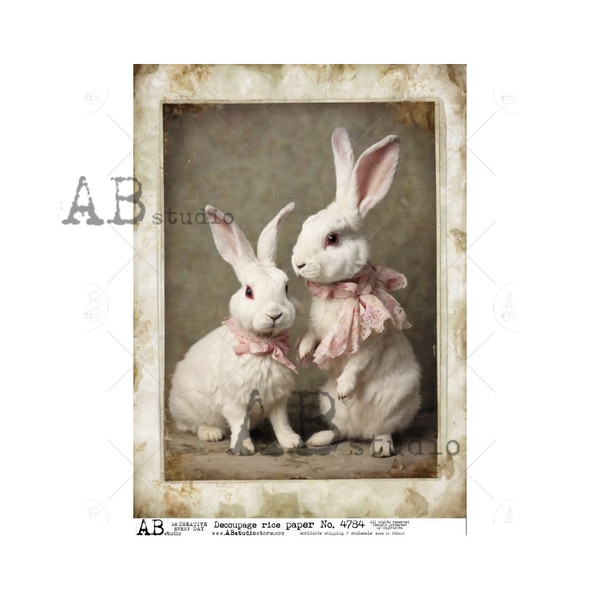 AB Studios White Pair of Bunnies with Pink Bows A4 Rice Paper