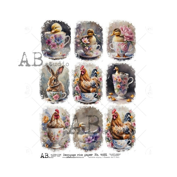 AB Studios Nine Easter Animals in Teacups A4 Rice Paper