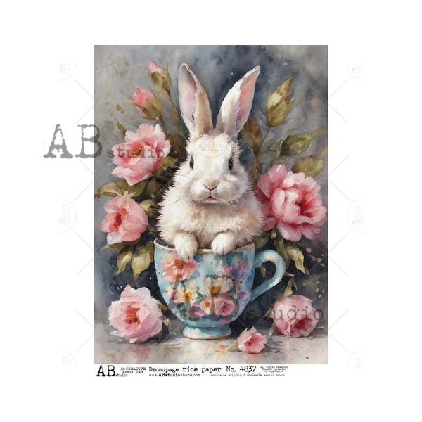 AB Studios Easter Bunny in a Teacup with Pink Flowers A4 Rice Paper