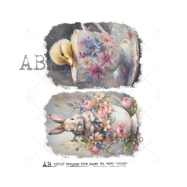 AB Studios Bunny and Chick Teacups Pair A4 Rice Paper