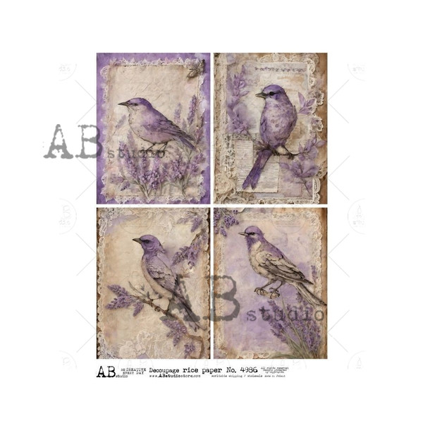 AB Studios Four Pack Lavender Birds A4 Rice Paper