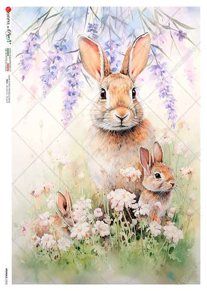 Paper Designs Lavender Floral Bunnies A3 Rice Paper