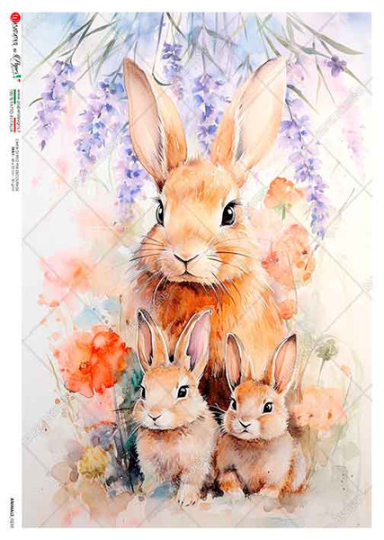 Paper Designs Lavender Floral Bunny Family A3 Rice Paper