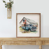 Blue Truck In Front of Barn with American Flag - Wood Framed Art - Multiple Sizes